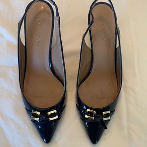 Talbots indigo blue patent leather sling back shoes.